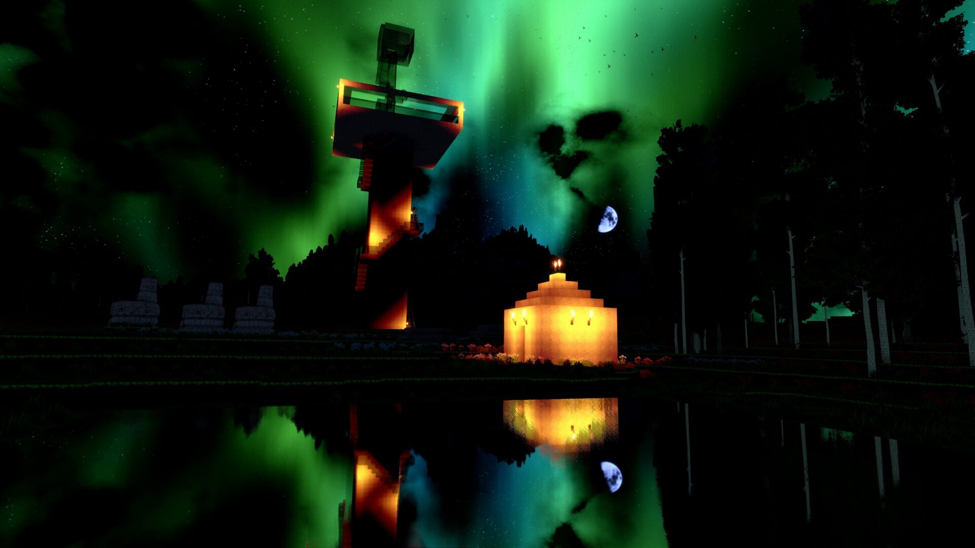 Green auroras over a night build with reflections in cyubeVR