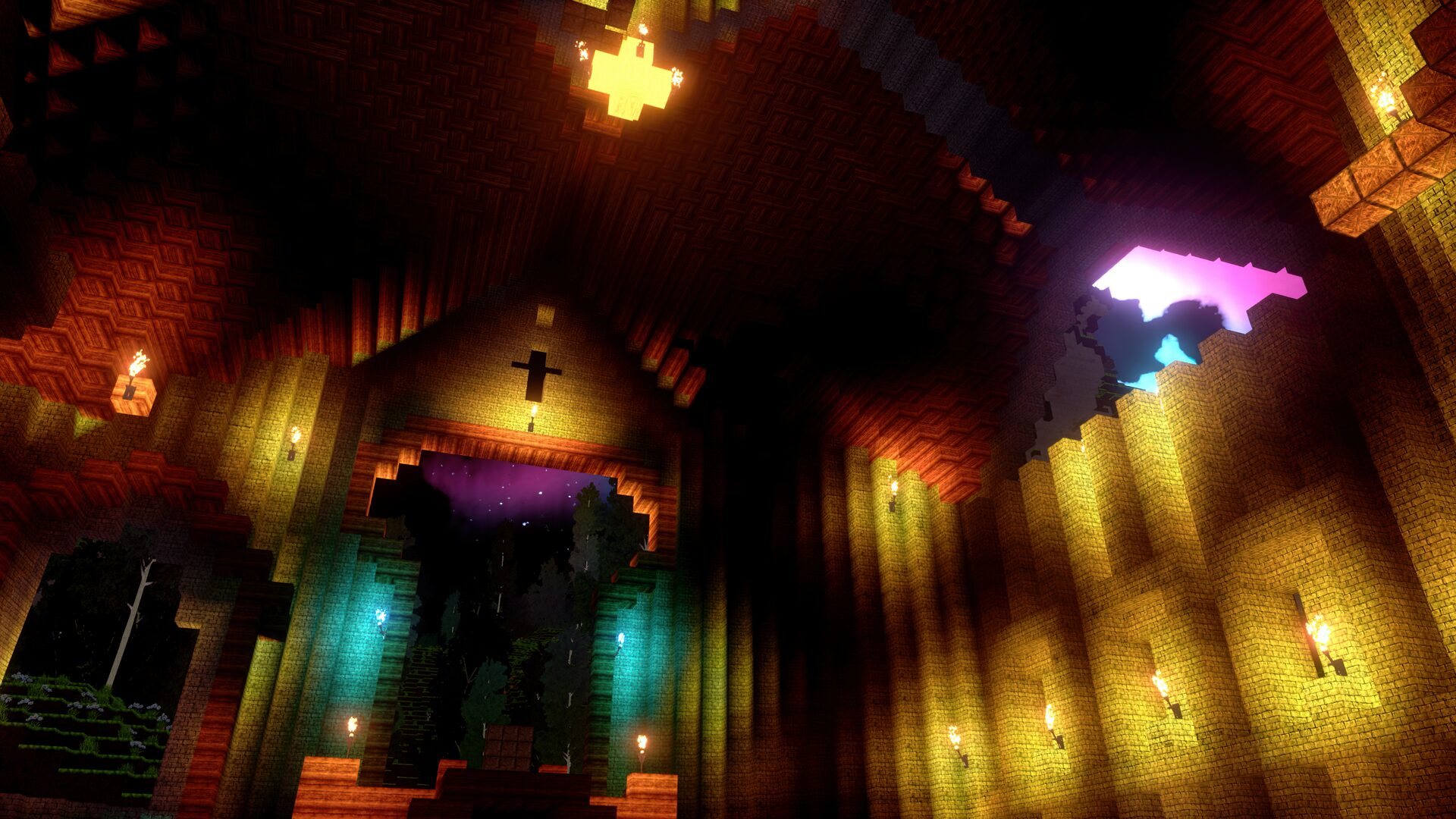 A colorful torchlit cathedral built from custom blocks in cyubeVR